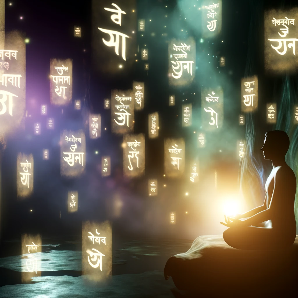 AI-generated image of a man practicing mantra meditation with mantras floating around in the air. 