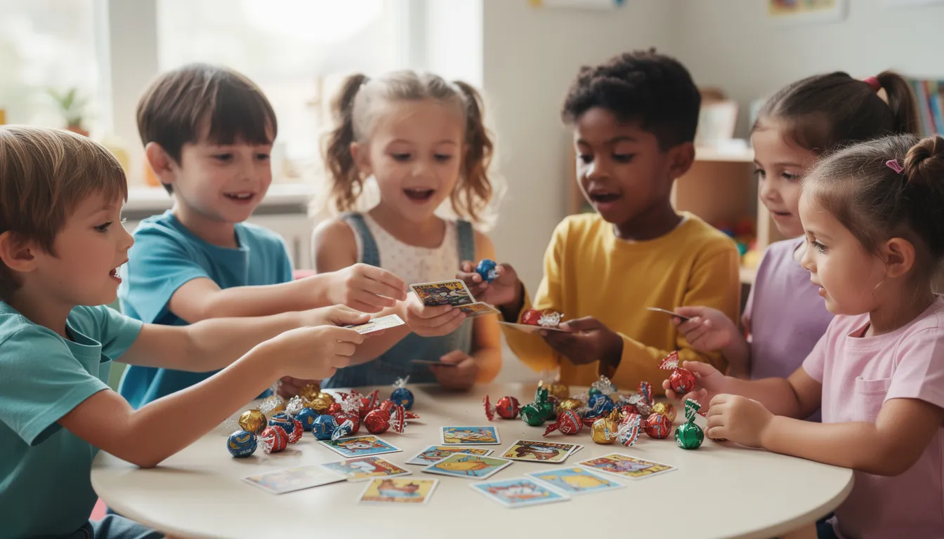 A group of children joyfully exchanging colorful Valentine's Day cards and small wrapped candies, sharing laughter and smiles as they celebrate friendship and affection on this special holiday. The scene captures the fun and excitement of giving gifts filled with witty puns and heartfelt messages.
