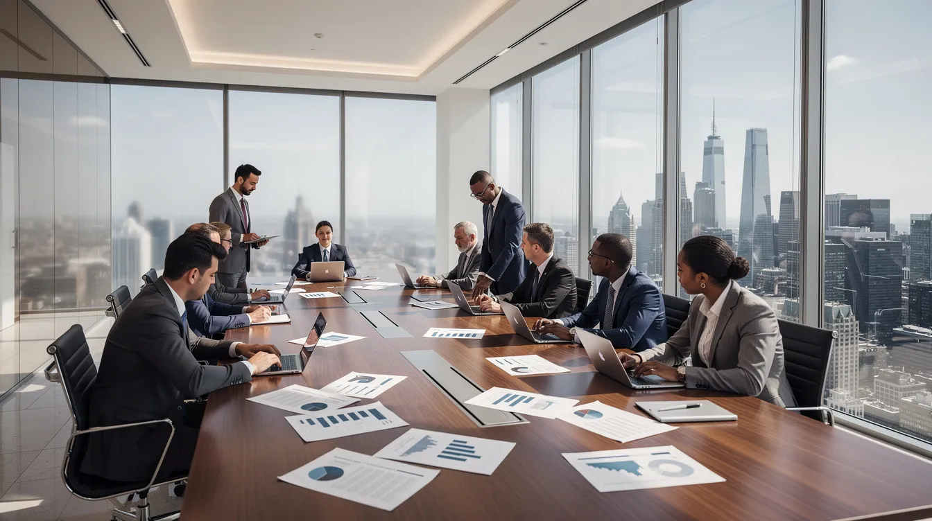 The image depicts a modern conference room filled with professionals engaged in reviewing documents, while a stunning city skyline is visible through expansive floor-to-ceiling windows. This setting reflects a dynamic environment where energy lawyers and their clients, including those from the renewable energy industry and natural gas sectors, collaborate on crucial energy transactions and project development.