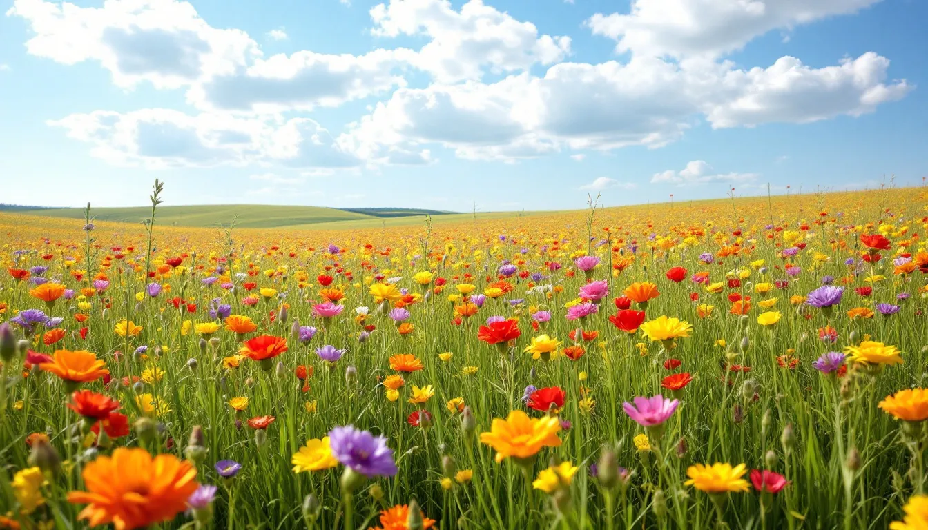 A vibrant field of wildflowers in various colors sways gently in the breeze, creating a beautiful tapestry of flower blooms that embody the joy of nature. This scene serves as a lovely reminder that "earth laughs in flowers," showcasing the miracle of life and the soul blossoming amidst the beauty of the natural world.