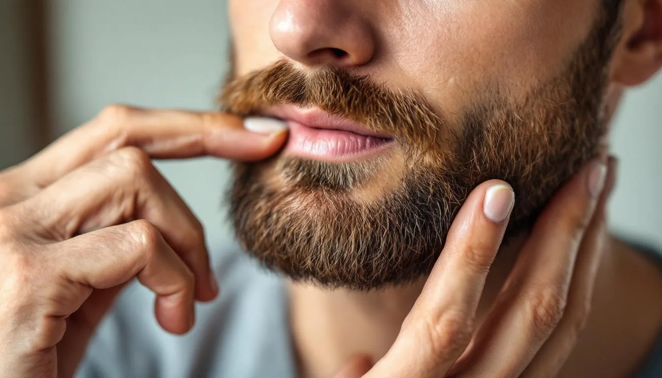 A close-up image shows a man applying brown batana oil balm to his beard with his fingertips, promoting better growth and enhancing overall beard health. The oil is known for its beneficial properties, including stimulating hair follicles and fostering hair growth for a thicker, healthier beard.