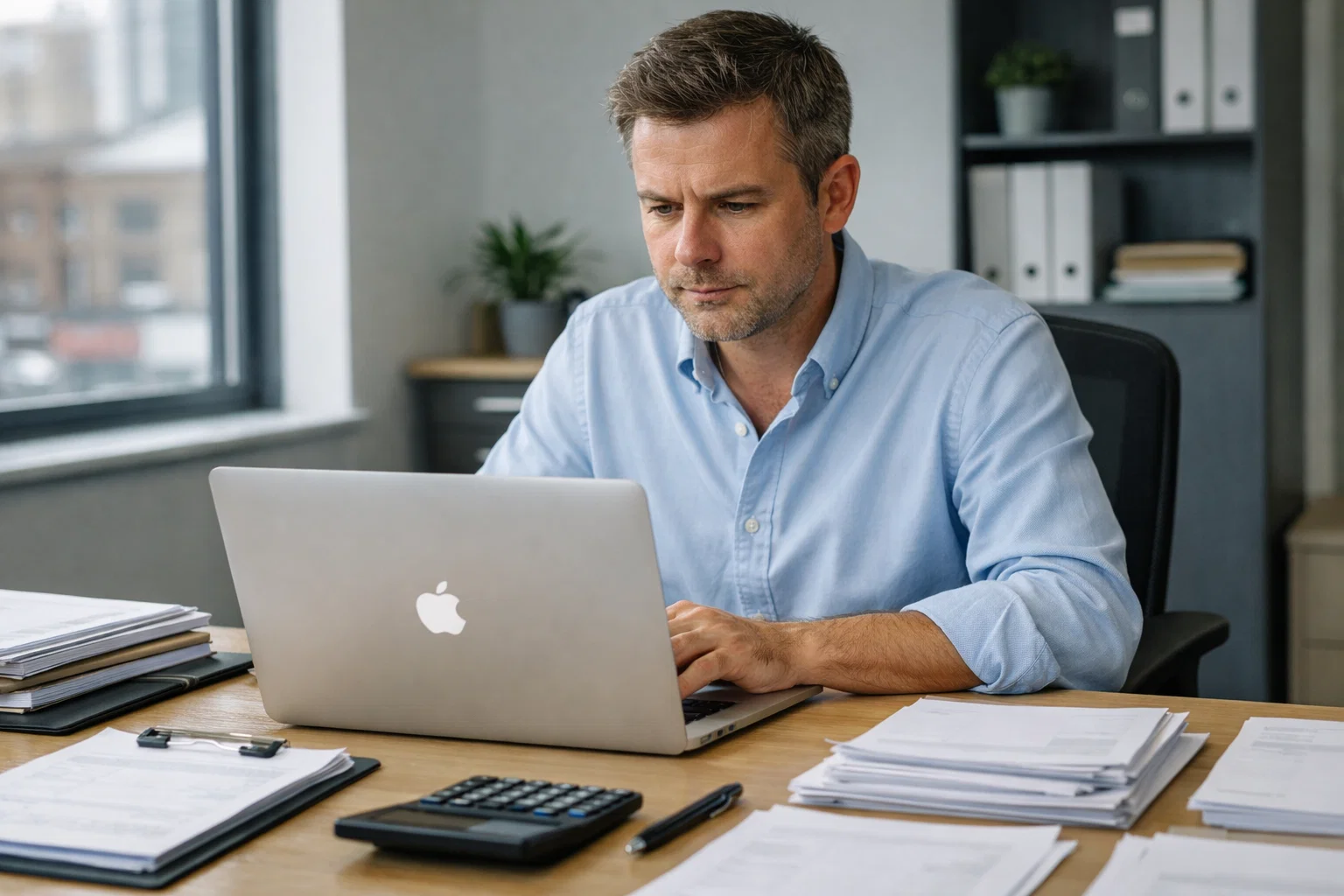 Accountant managing outsourced payroll services in a professional office environment