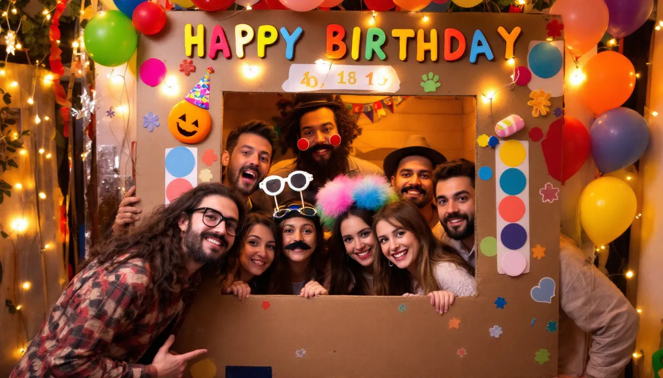 Eine Gruppe von Menschen steht fröhlich vor einer selbstgebauten Fotobox auf einer Party, umgeben von bunten Requisiten wie Hüten und Schnurrbärten. Die DIY Fotobox bietet eine unterhaltsame Möglichkeit, Schnappschüsse zu machen und Erinnerungen zu schaffen.