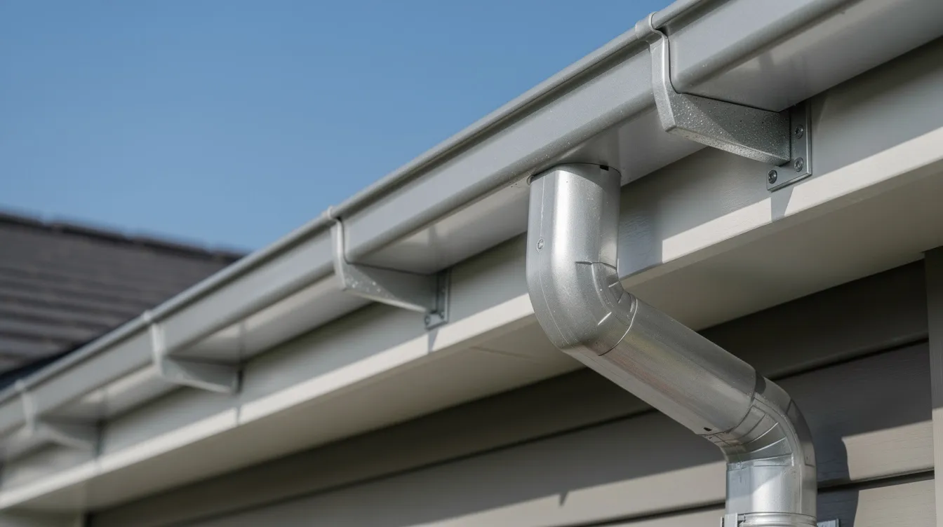 This close-up image showcases seamless aluminum gutters installed on a residential home, set against a clear blue sky. The professional gutter installation features clean edges and efficient downspouts, providing long-lasting protection against ice dams and winter weather challenges in Colorado.