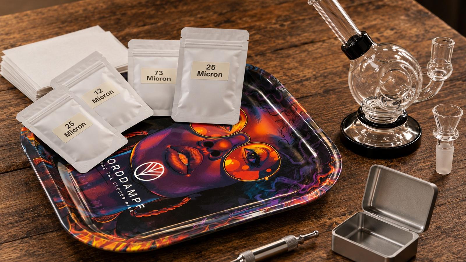 Norddampf Rolling Tray met Rosin Micron Bags, glaswerk en accessoires op een rustieke houten tafel