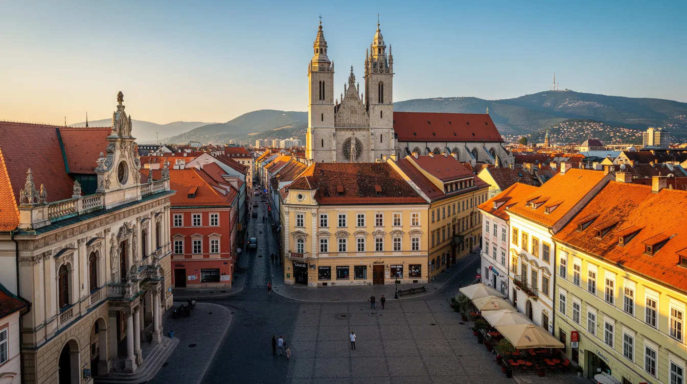 A imagem retrata uma vista deslumbrante de Zagreb, capital da Croácia, com seus edifícios históricos e paisagens urbanas. Ao fundo, é possível ver as montanhas dos Alpes Dináricos, que emolduram a cidade, destacando sua beleza e riqueza cultural.
