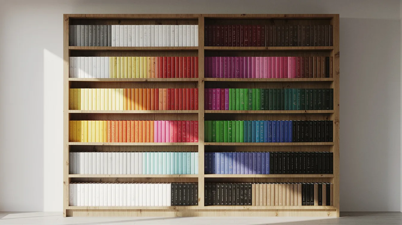 Een boekenkast met boeken die zijn gesorteerd op kleur, variërend van licht naar donker, staat op houten planken. Tussen de boeken zijn decoratieve objecten en een kleine vetplant geplaatst, wat een persoonlijke touch geeft aan deze echte blikvanger in de woonkamer.