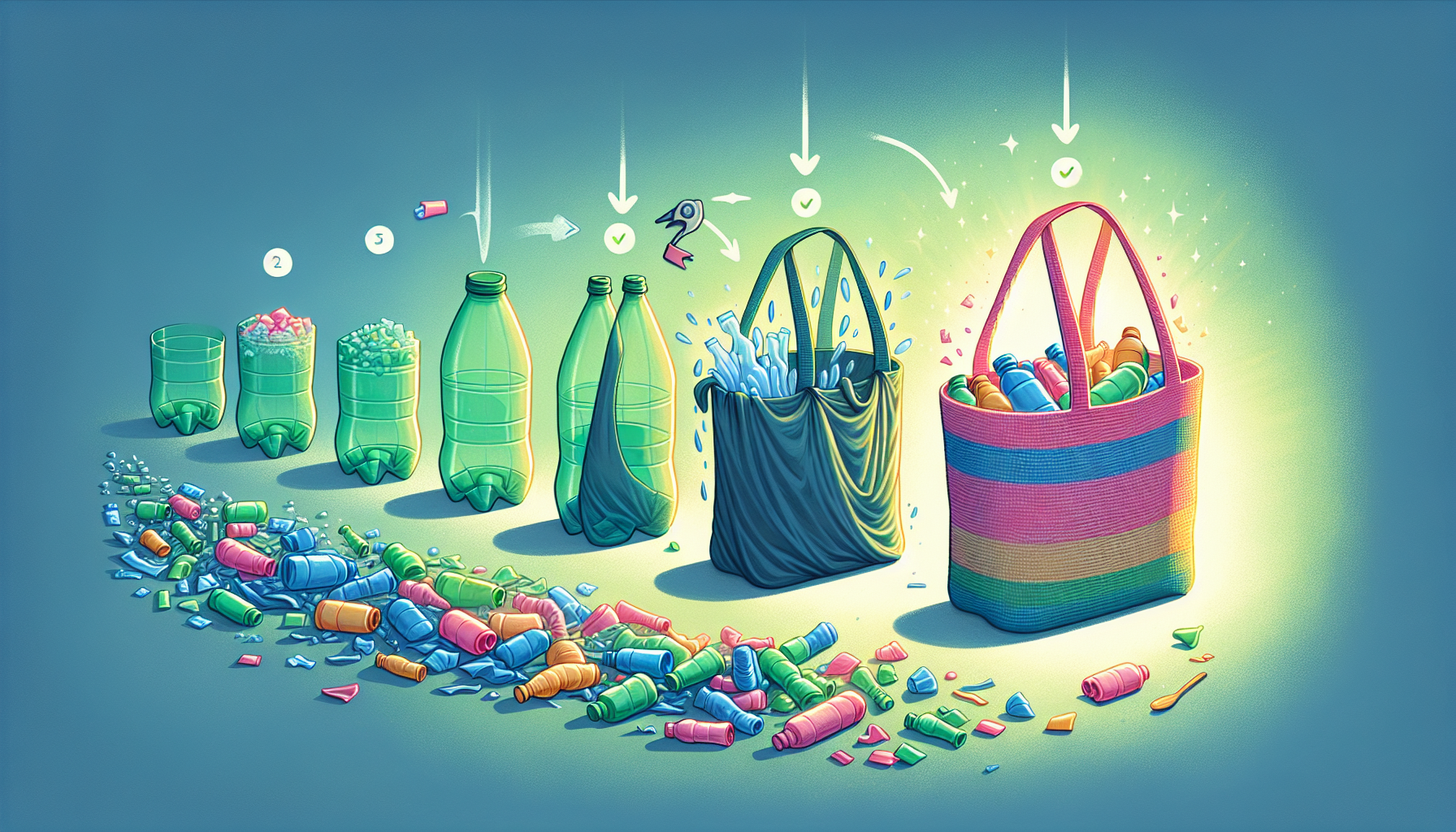 Illustration of plastic bottles being upcycled into tote bags