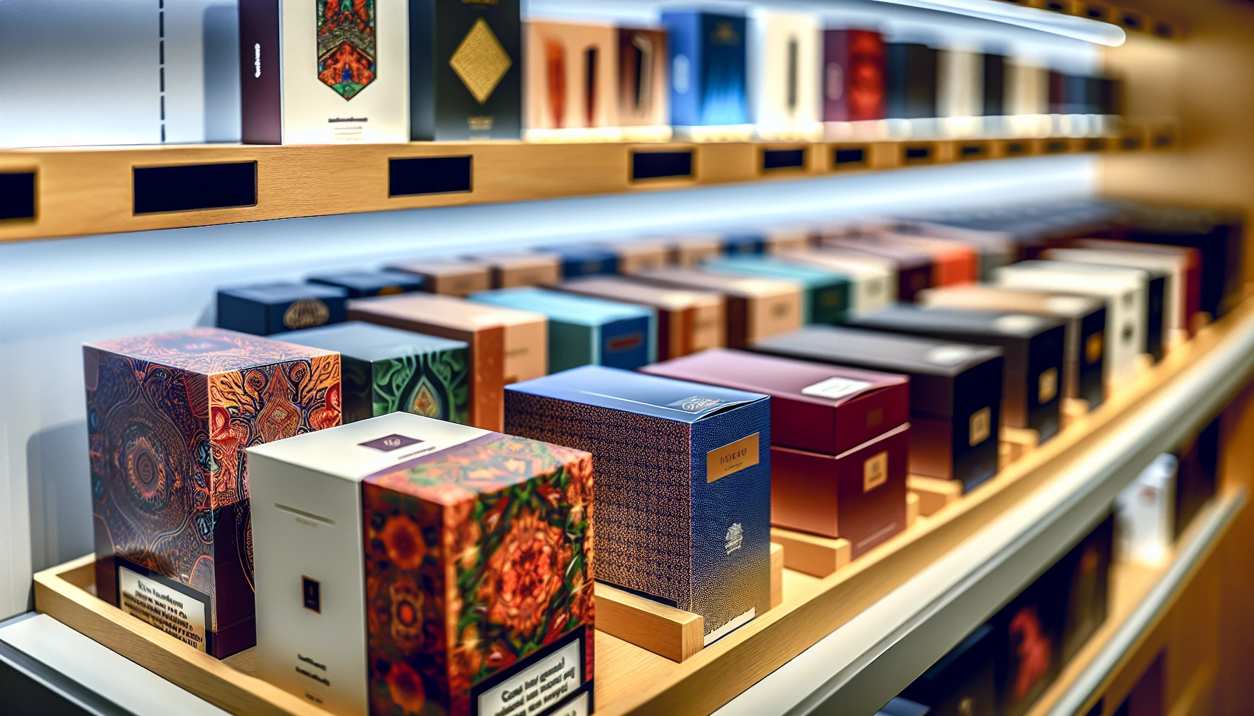 Custom cigarette boxes displayed on a store shelf