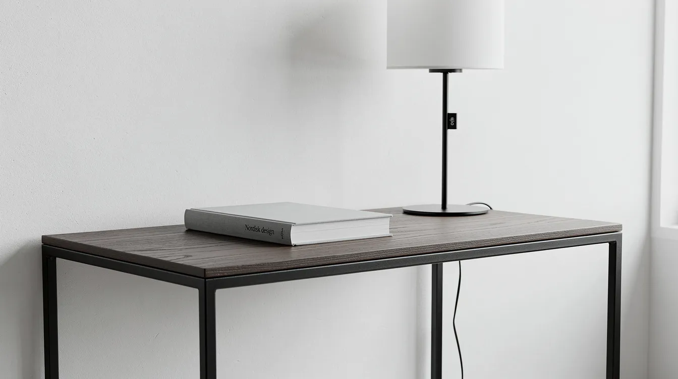 Närbild på ett avlastningsbord i rökt ek med ett svart metallunderrede, placerat mot en vit vägg. Bordet har en bordslampa och en bok som skapar en välkomnande känsla i rummet.