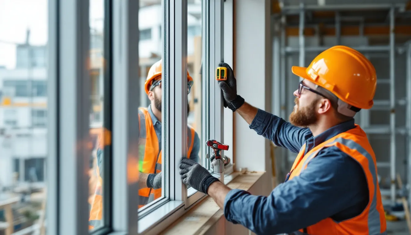 Een professioneel installatie team monteert met precisie een groot kunststof kozijn, gebruikmakend van innovatieve instrumenten. Dit gealan kunststof kozijn biedt uitstekende warmte- en geluidsisolatie, wat bijdraagt aan de energie-efficiëntie en duurzaamheid van de woning.