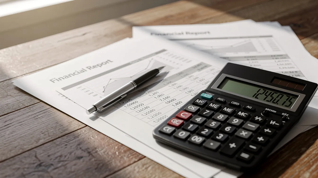 The image features a close-up view of financial documents and a calculator placed on a wooden desk, highlighting important elements such as project costs, loan amounts, and repayment periods relevant to dairy processing plants. This scene reflects the financial planning necessary for farmers and producer companies involved in milk production and rural development.