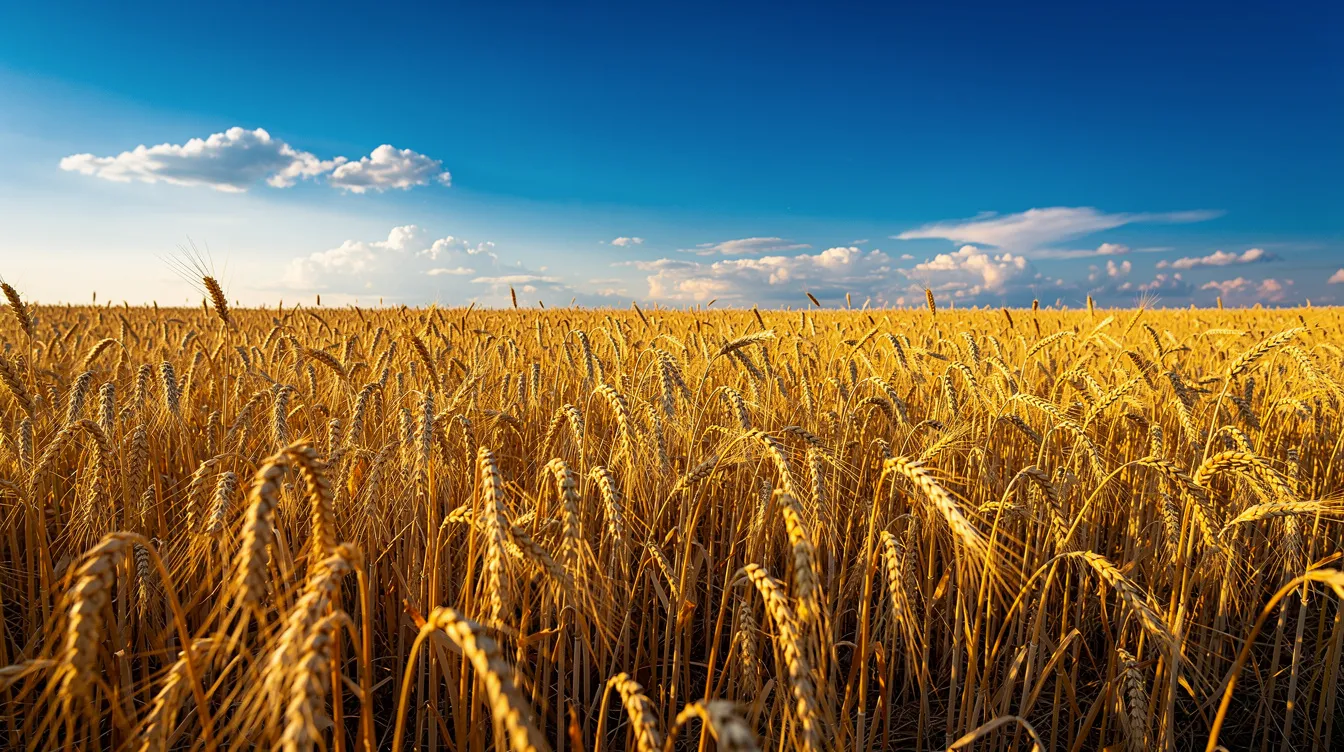 A vast golden wheat field stretches under a clear blue sky, showcasing the ripe wheat grains ready for harvest. This scene reflects the agricultural beauty of the wheat plant, which is essential for producing various flour types, including whole wheat flour and maida, vital for food production.