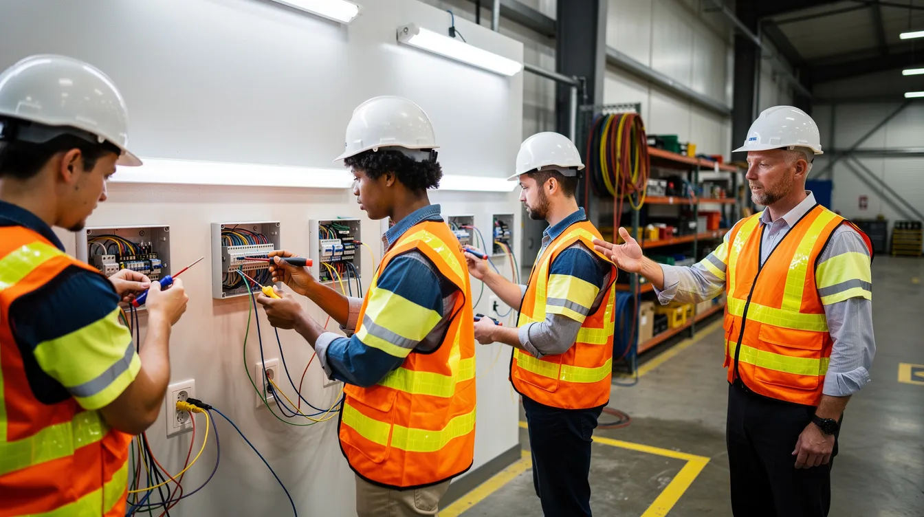 A group of young construction apprentices, wearing hard hats and safety vests, are practicing electrical wiring at a training facility, highlighting the importance of skilled trades in the Texas construction industry. This hands-on training is essential for preparing the next generation of electricians for high-demand trade jobs in the growing workforce.