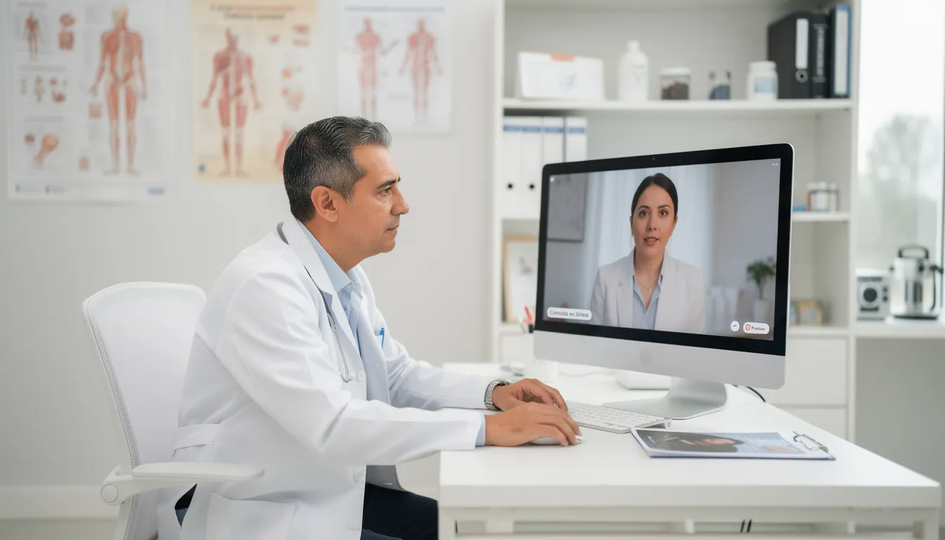 Un médico está realizando una videollamada con un paciente desde su consultorio, utilizando tecnología avanzada que optimiza la gestión de citas y mejora la experiencia del paciente. Esta interacción destaca cómo la inteligencia artificial puede facilitar la atención médica y la toma de decisiones clínicas.