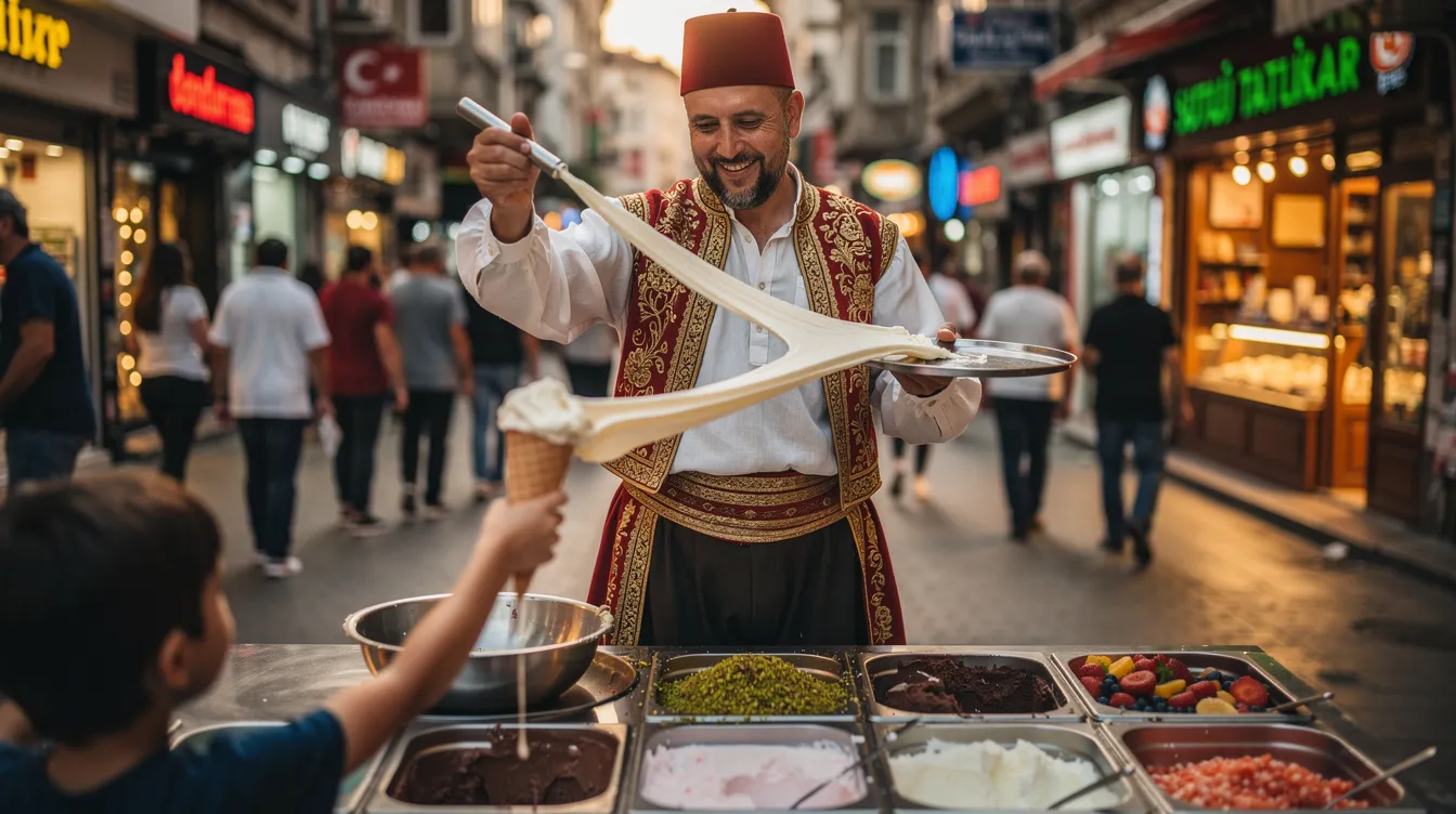 A Turkish ice cream vendor wearing a traditional Ottoman costume performs impressive tricks with stretchy dondurma ice cream on a bustling street, showcasing the playful side of Turkish street food culture. The scene captures the vendor's skill and the delight of onlookers, highlighting the charm of Turkish desserts.