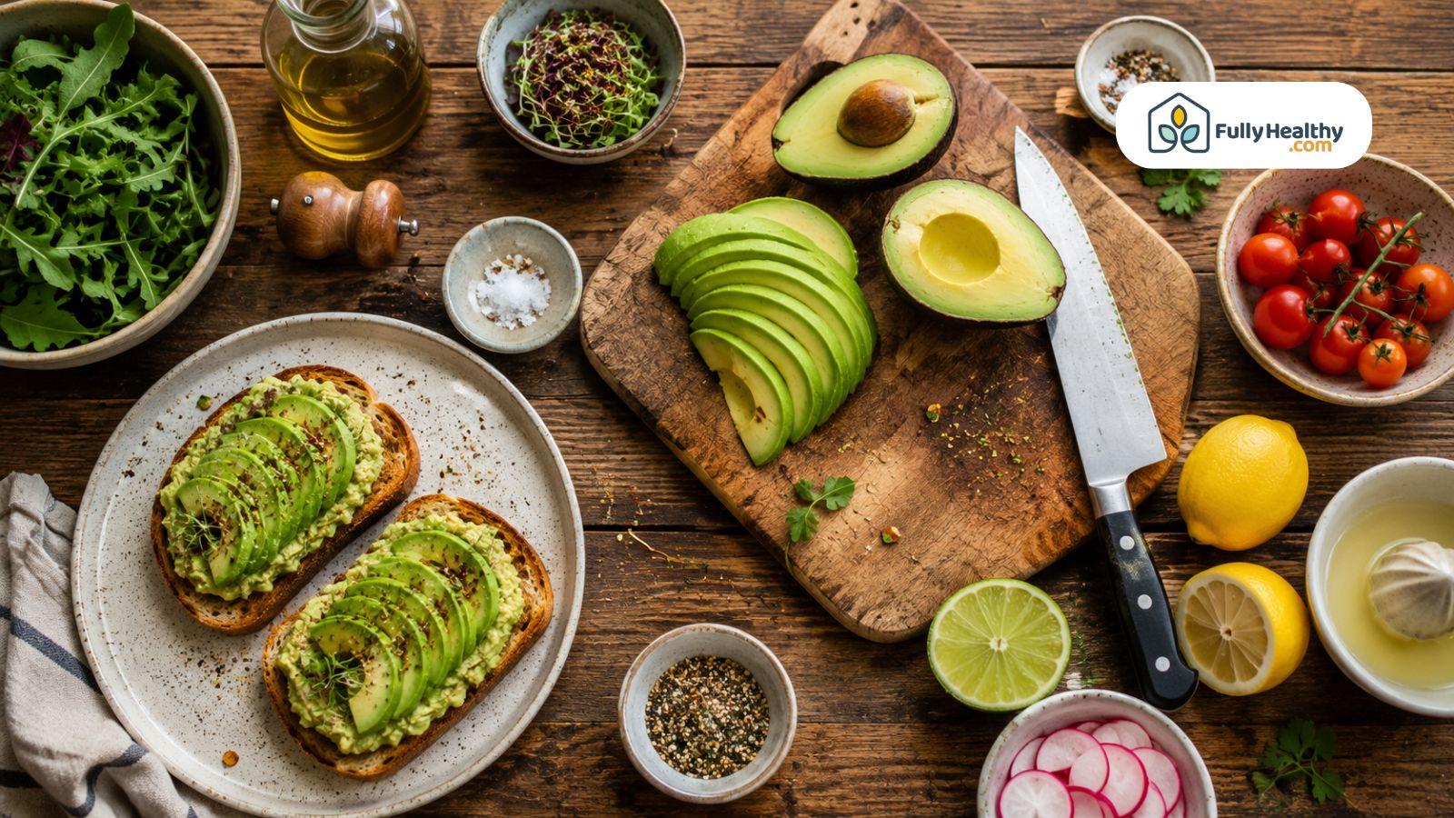 Fresh avocado slices beside avocado toast with lemons and rustic kitchen setup
