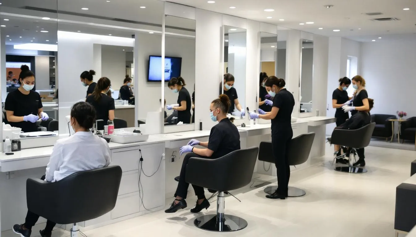 Imagen de un moderno salón de belleza que cuenta con múltiples estaciones de trabajo, donde el personal está atendiendo a varios clientes. Se pueden observar productos de belleza organizados y una atmósfera de bienestar y atención profesional.