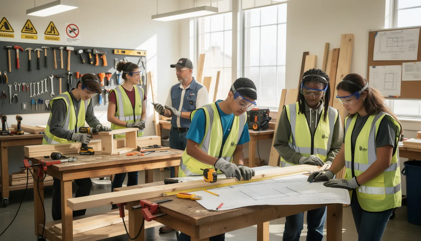 The image shows high school students actively engaged in a technical education class, learning essential construction skills using various tools and materials. This hands-on experience is crucial for preparing the next generation of skilled construction workers to address the ongoing labor shortage in the construction industry.