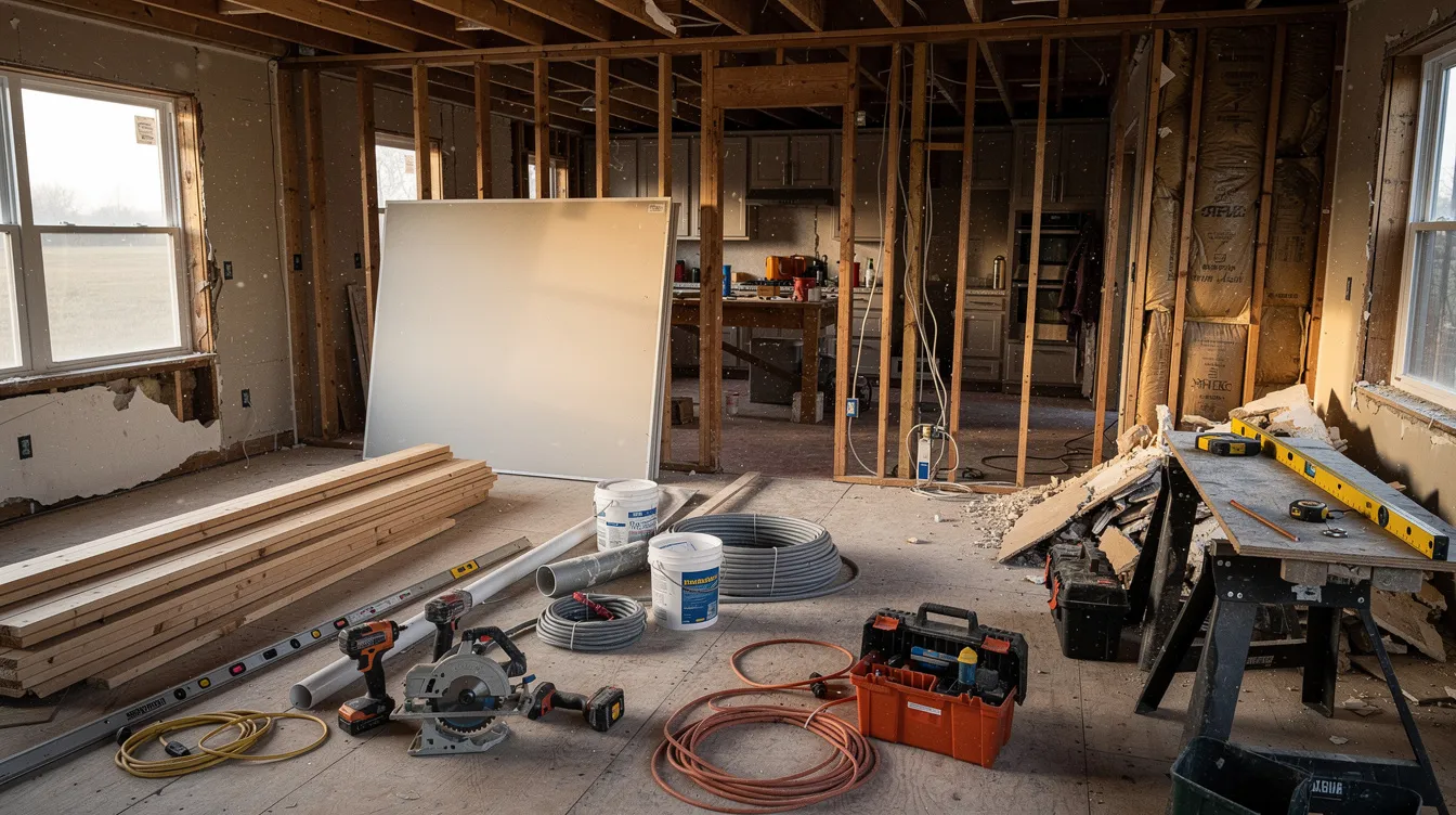 The image shows a variety of construction materials and tools organized neatly inside a gutted residential property undergoing renovation, highlighting the ongoing construction project. This setting is ideal for real estate investors and those seeking hard money loans in Pennsylvania, as it represents a typical fix and flip scenario.