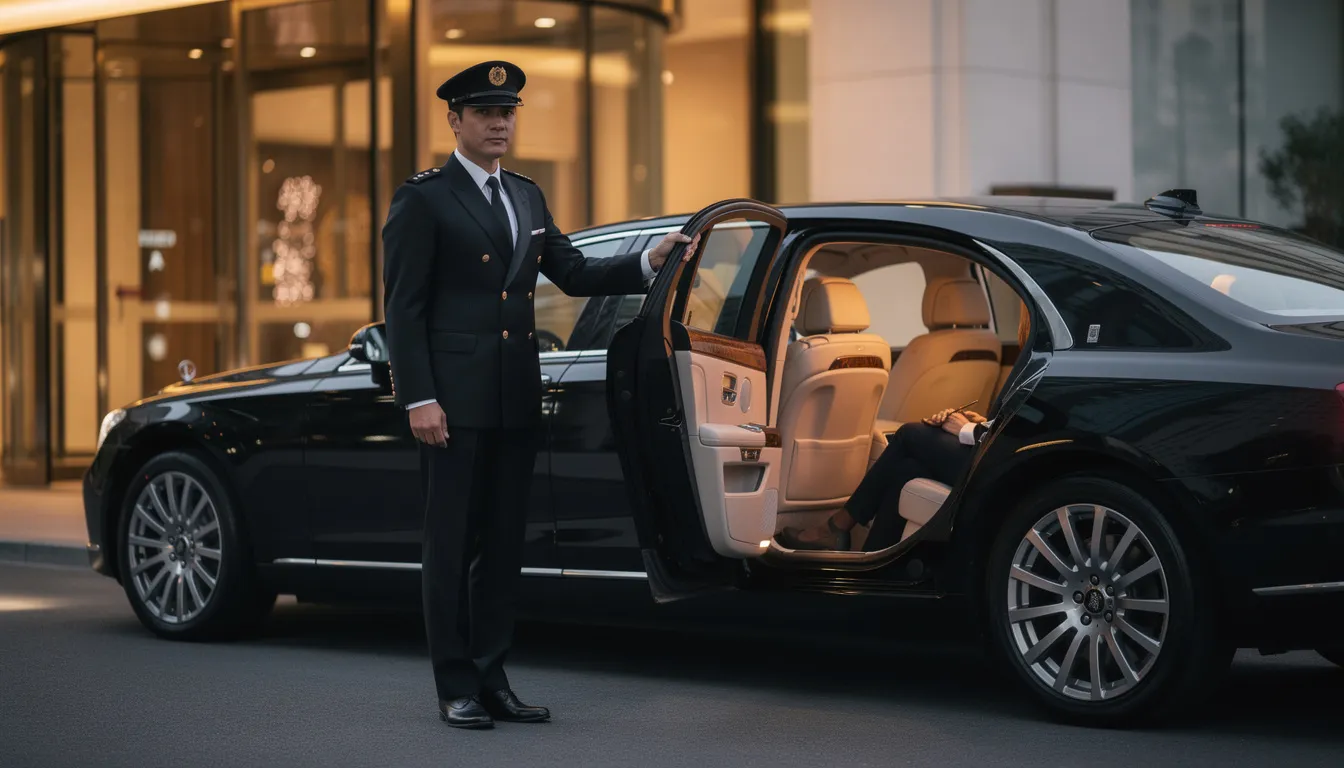 A professional chauffeur in a crisp uniform is opening the door of a luxury black sedan, ready to assist a passenger. This scene highlights the elegance of luxury car rental services, emphasizing the unparalleled luxury and convenience provided by professional chauffeurs for special occasions or corporate events.