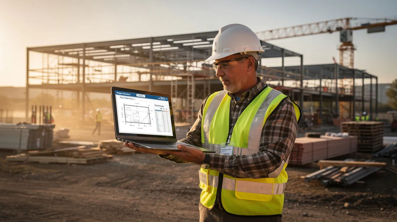 A construction superintendent reviews project records on a tablet at a commercial jobsite.