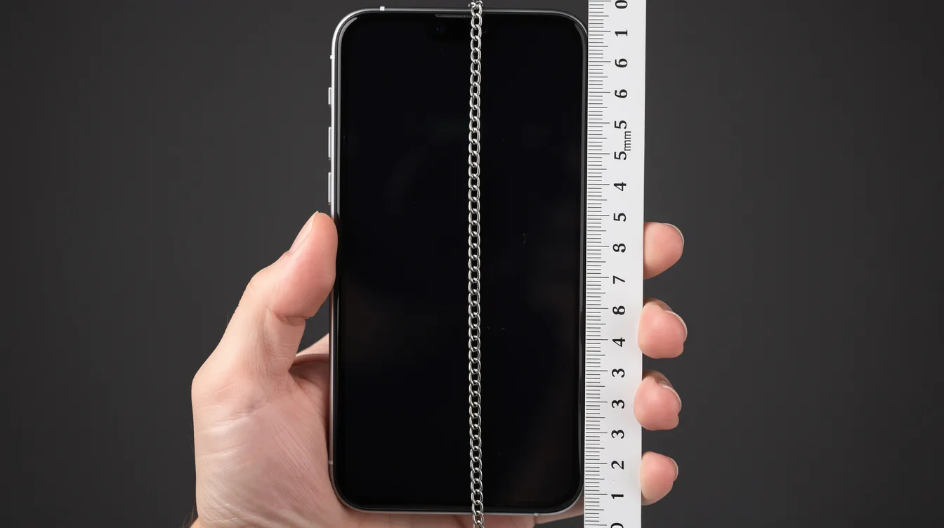 A smartphone is held vertically with a ruler scale visible along its right side, providing a tool for precise measurements. A small chain is placed against the screen, illustrating the use of the online ruler for quick calibration of small objects.