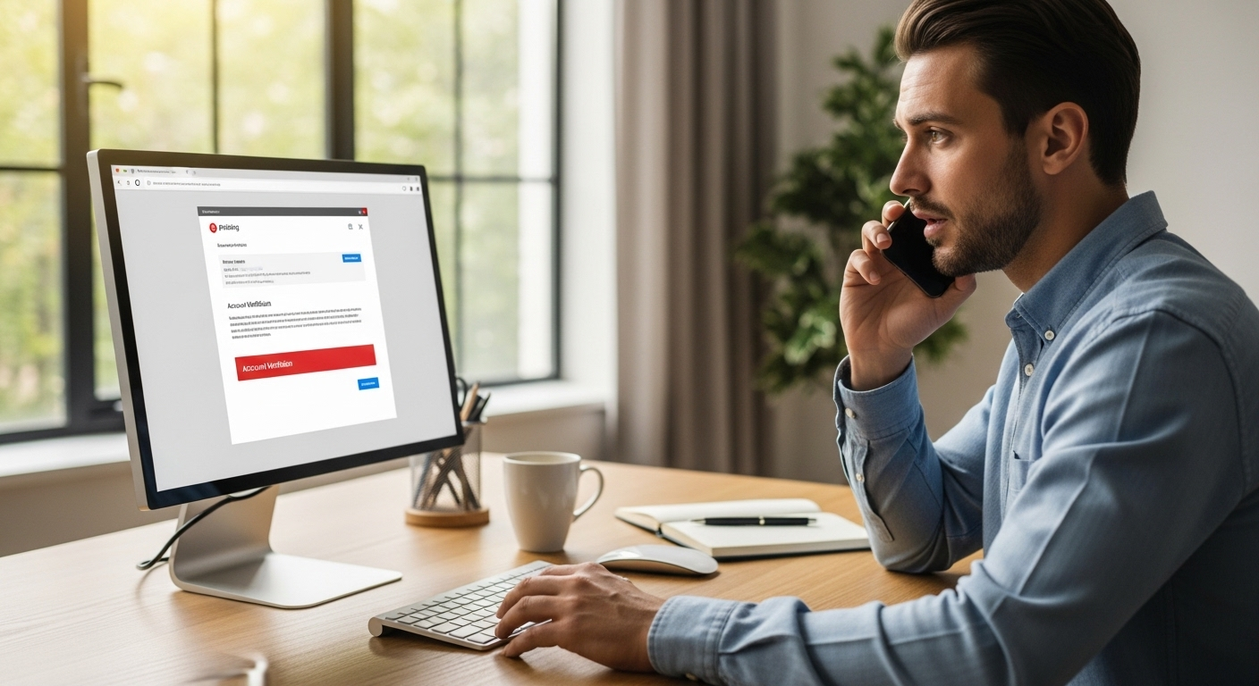 Remote worker verifying a suspicious request via phone while ignoring a phishing email on screen.