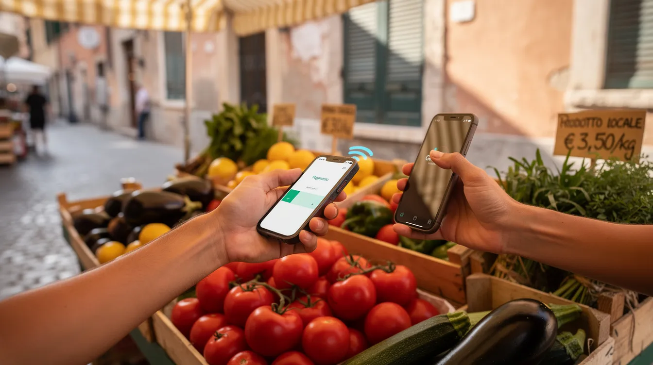 A person is using their smartphone to make a contactless payment at a small Italian market stall, surrounded by fresh produce. This modern payment method highlights the convenience of using a rewards credit card while traveling abroad, allowing for easy transactions without incurring foreign transaction fees.