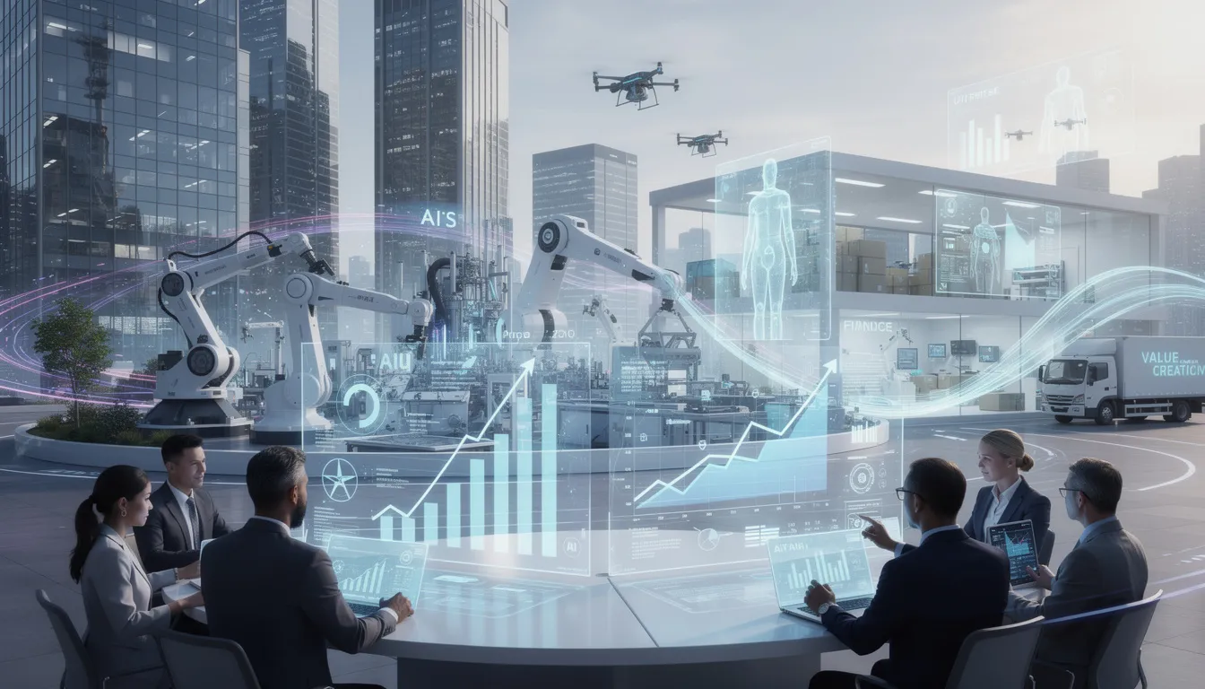 The image depicts a futuristic city skyline, symbolizing the transformative impact of artificial intelligence on industries, with a focus on productivity gains and economic growth. The scene reflects the optimism surrounding AI adoption among technology companies and investors, hinting at the potential for significant value creation in the near future.