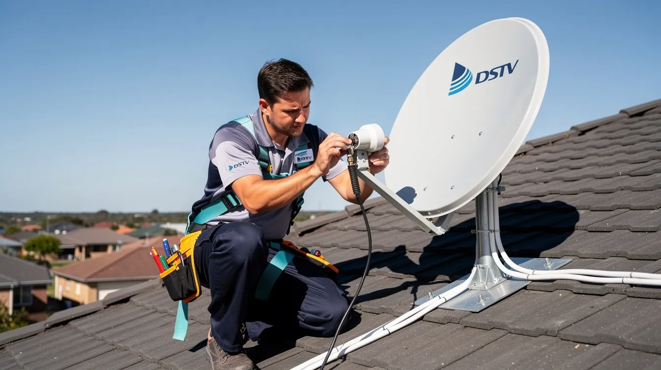 A DSTV signal repair technician is inspecting the LNB and cable connections of a satellite dish to troubleshoot signal issues. The technician is focused on ensuring quality installation and repairs for optimal viewing experience in South Africa.