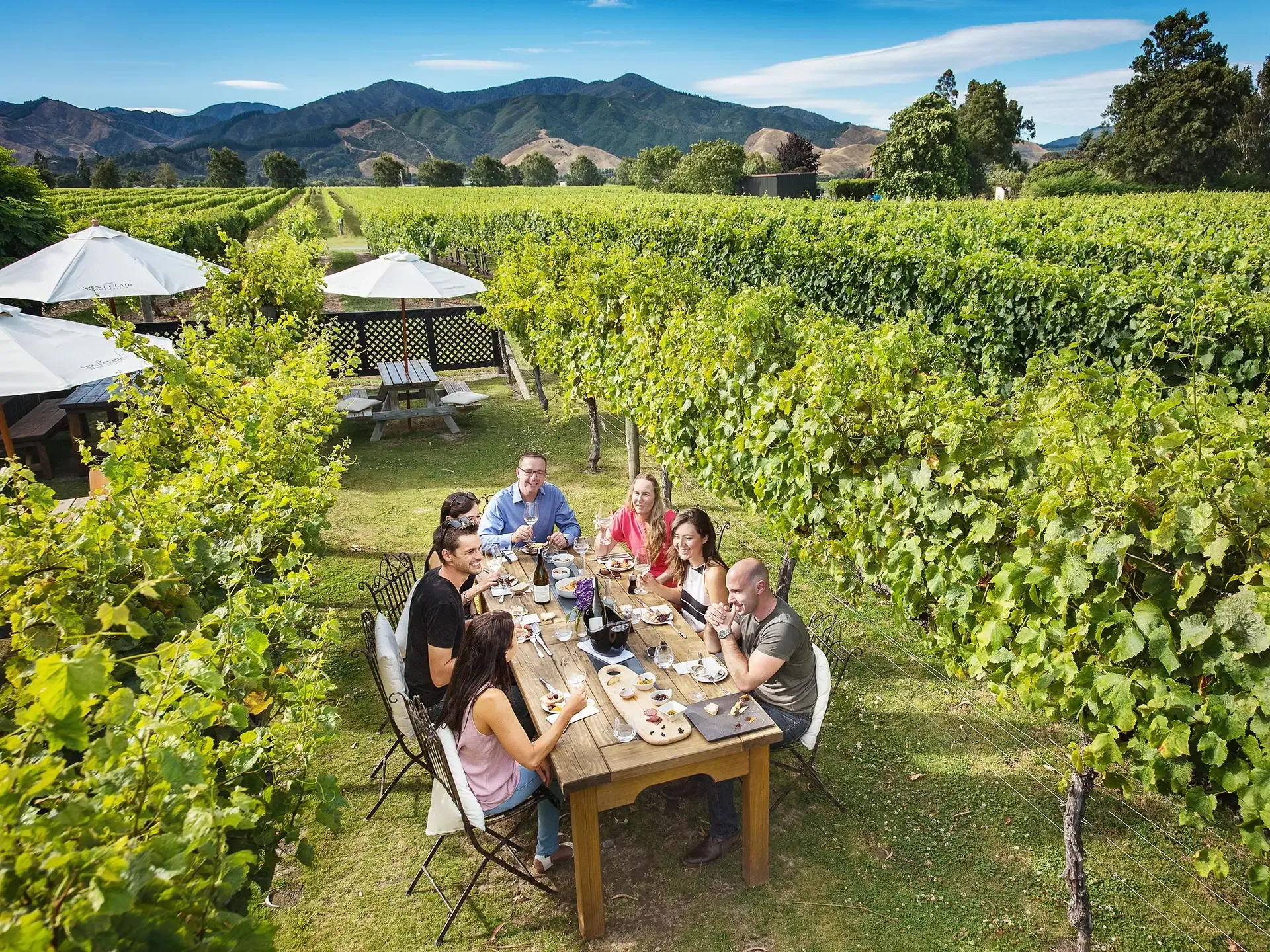 Family group enjoying wine pairing lunch together at vineyard near lodge #2.