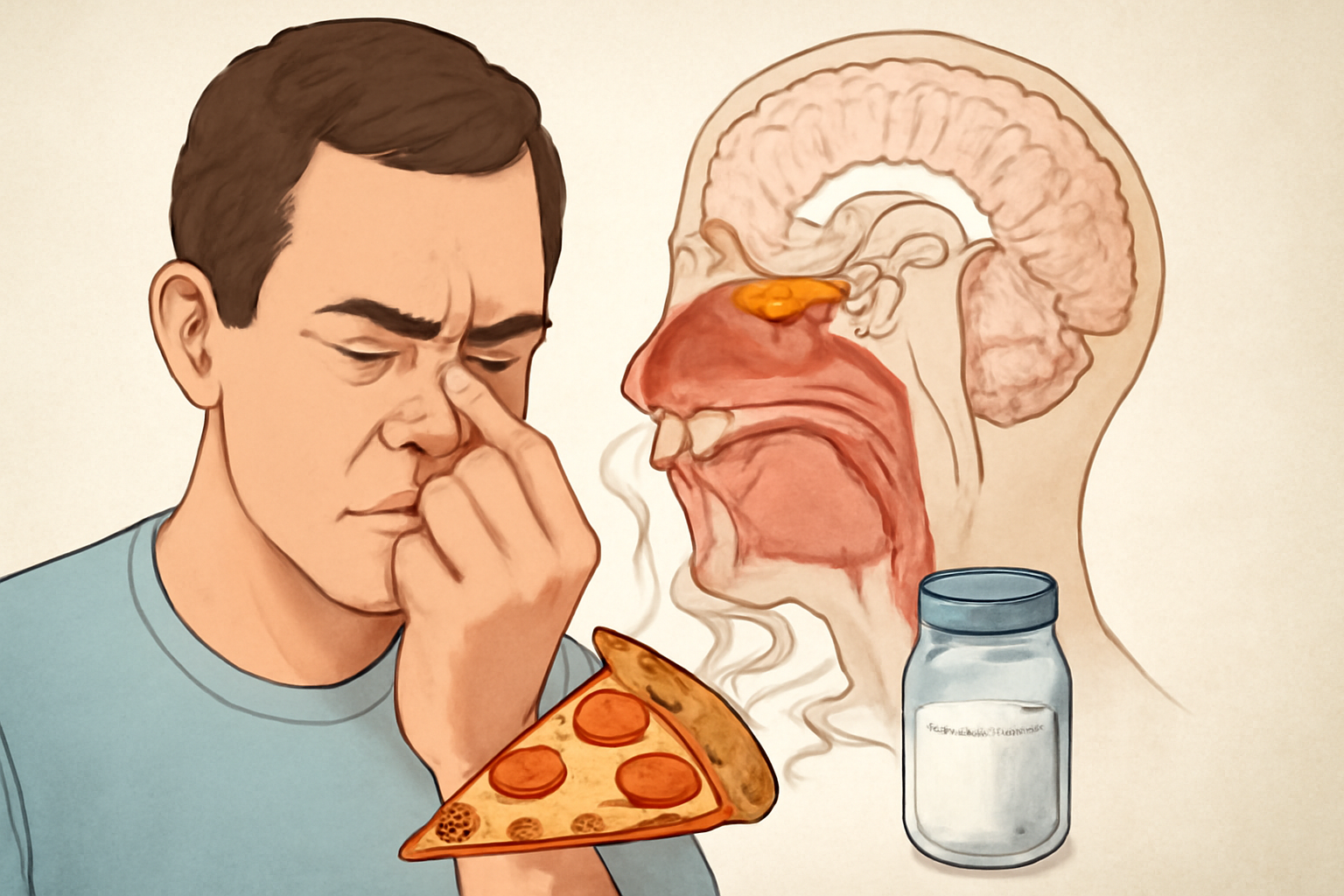 Man pinching nose with a pizza slice and jar next to a medical illustration of the nasal cavity showing loss of taste and smell."