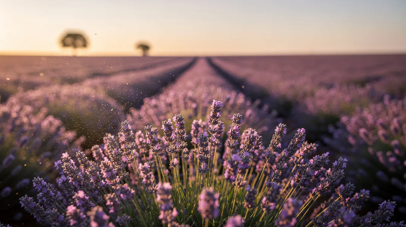 A vibrant field filled with blooming purple lavender flowers under the warm sunlight, showcasing the beauty of the lavender plant. These flowers are known for their soothing scent and potential benefits, including the use of lavender oil for skin care, such as reducing inflammation and promoting wound healing.