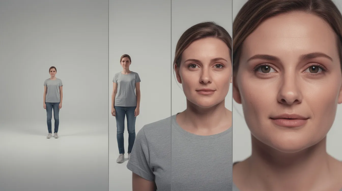 Die Bildsequenz zeigt eine Person in verschiedenen Kameraeinstellungen, von einem sehr weiten Abstand bis hin zu einer Nahaufnahme, was die Entwicklung der Perspektive verdeutlicht. Diese Darstellung könnte an eine komödiantische Szene aus einem Film erinnern, in der die Charaktere, möglicherweise in einer Beziehung wie Charlotte Field und Fred Flarsky, humorvoll miteinander interagieren.