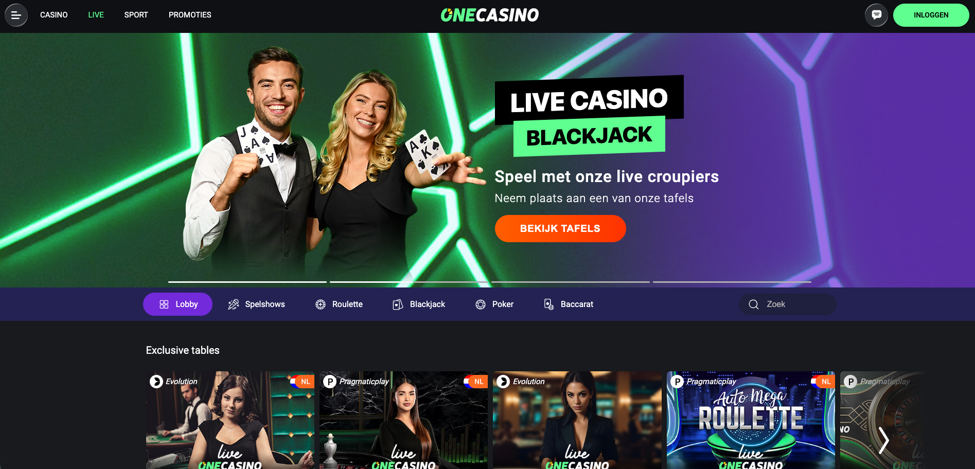 Live casino lobby van OneCasino met promotie voor Live Blackjack en live dealers, inclusief categorieën zoals spelshows, roulette, blackjack, poker en baccarat, en een overzicht van beschikbare live tafels.