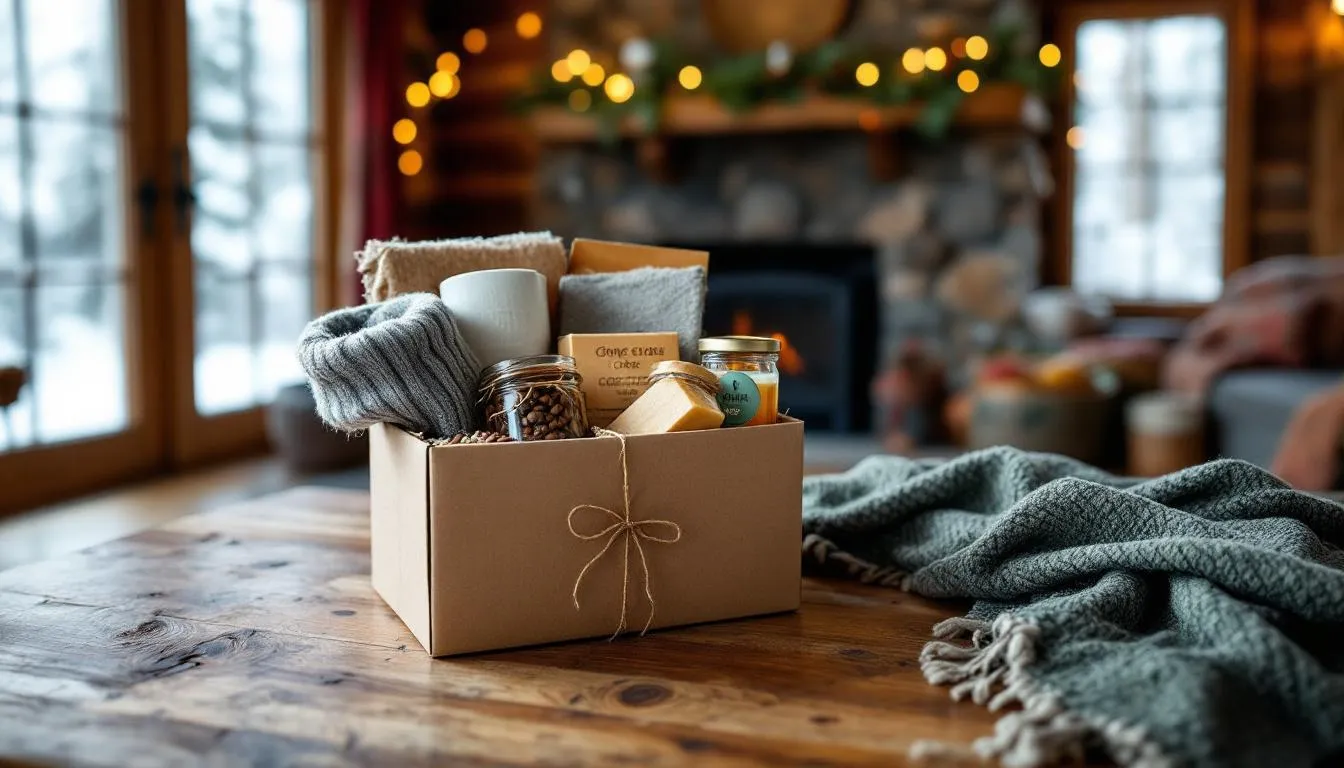 Key items in a cozy winter essentials gift box including gourmet coffee and skincare products.