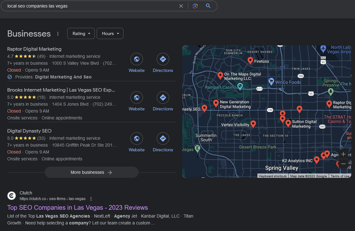 Comparison between Local Pack and Local Organic Results for the term "local seo companies las vegas". You can see the first 3 map-pack results and then the first organic result beneath them.