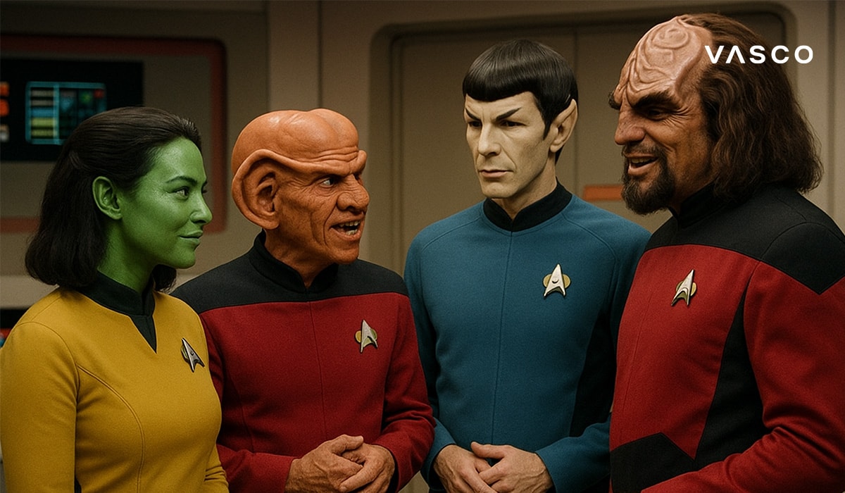 Starfleet crew in colorful uniforms