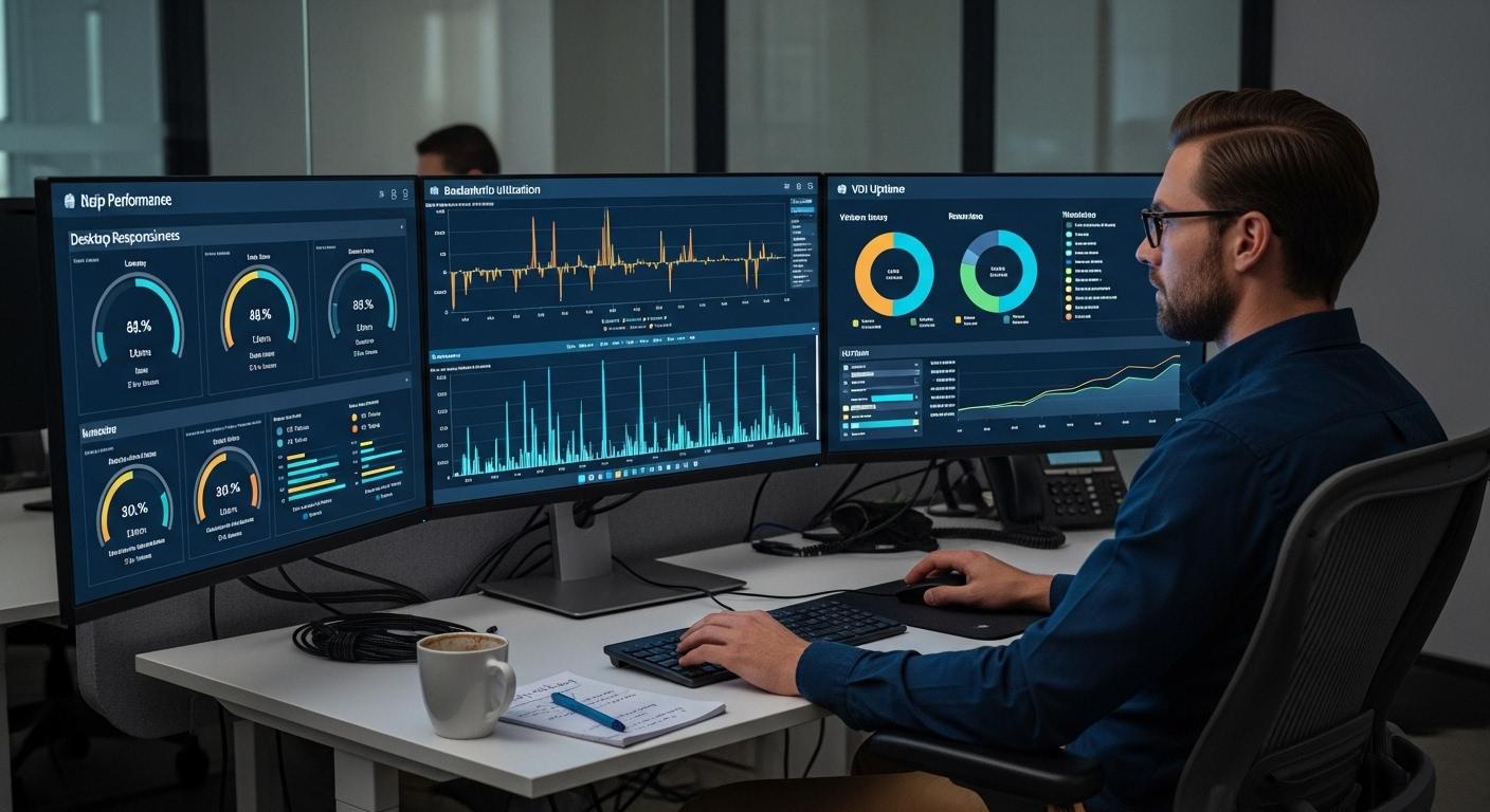 "IT administrator monitoring virtual desktop performance dashboards with metrics for bandwidth, responsiveness, uptime, and resource allocation.