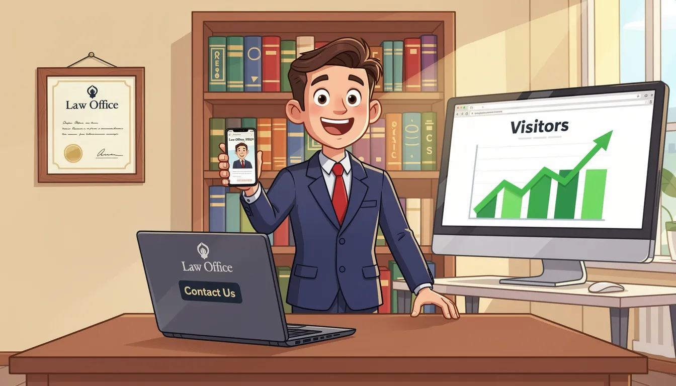 The image depicts a cheerful cartoon lawyer celebrating his success, symbolizing the effectiveness of his law firm's website through strong technical SEO strategies. He stands confidently with a laptop, showcasing improved search engine rankings and increased visibility in search results, which attract potential clients to his legal services.