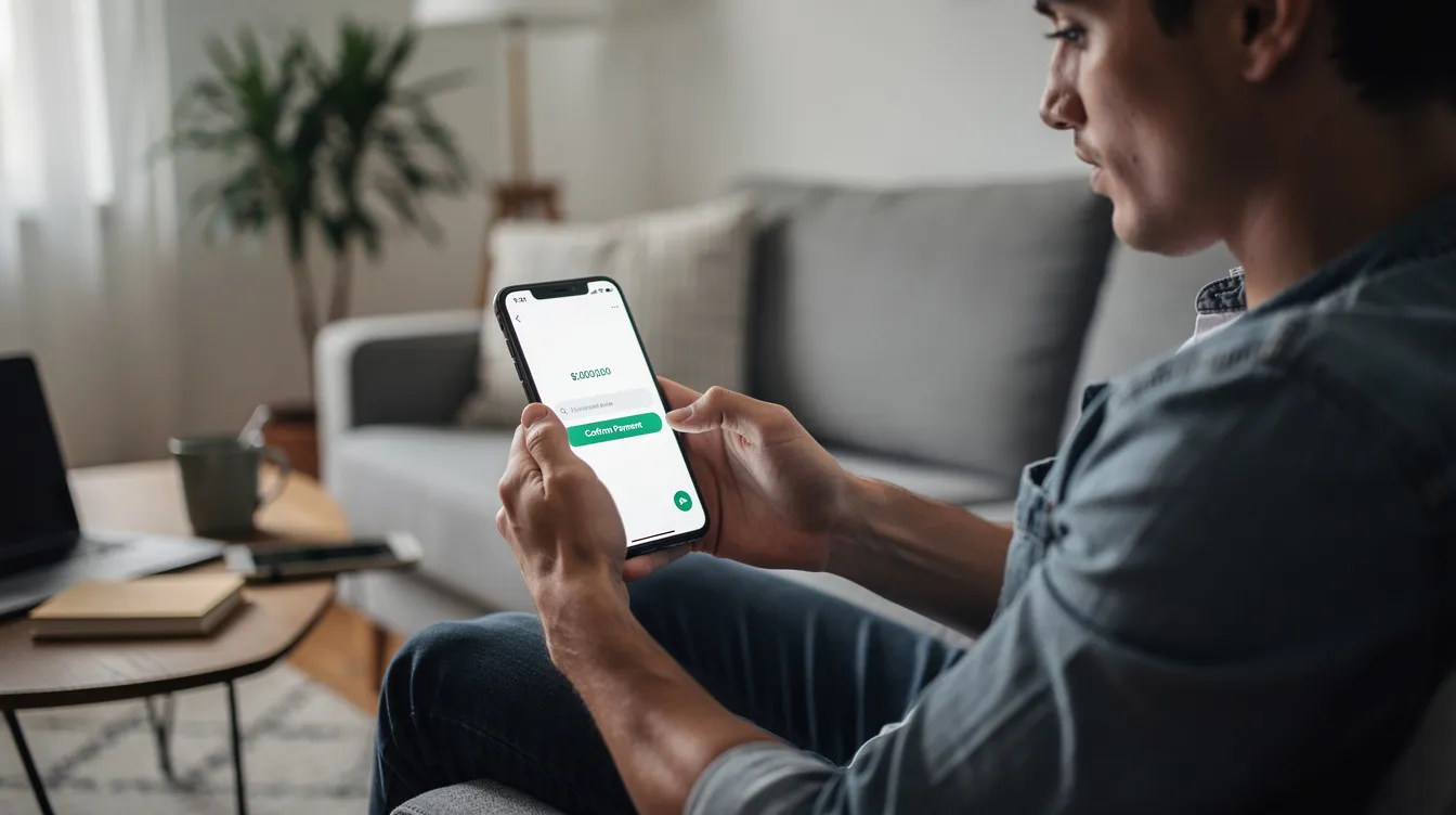 A person is sitting comfortably on a sofa, using a smartphone to complete a financial transaction, possibly related to applying for a 免 tu 私人 貸款 or checking their 信貸 評分. The scene captures the modern convenience of managing finances online from home.