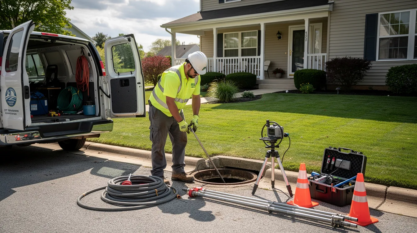 A technician is seen preparing specialized equipment for trenchless sewer line repair beside a residential yard, ensuring minimal disruption while addressing issues such as broken pipes and tree root intrusion. This setup highlights the use of modern repair methods, aiming to provide a cost-effective solution for sewer line replacement.