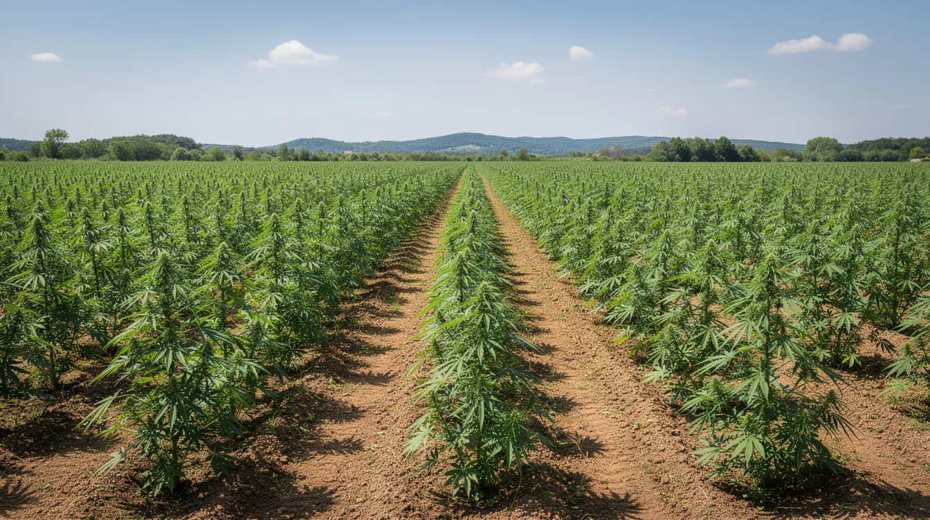 The image depicts neatly arranged rows of vibrant green hemp plants thriving in a sunny agricultural field, highlighting the growing industry of hemp products in Tennessee. This setting reflects the state's compliance with hemp laws and the cultivation of hemp derived cannabinoid products that offer various health benefits.