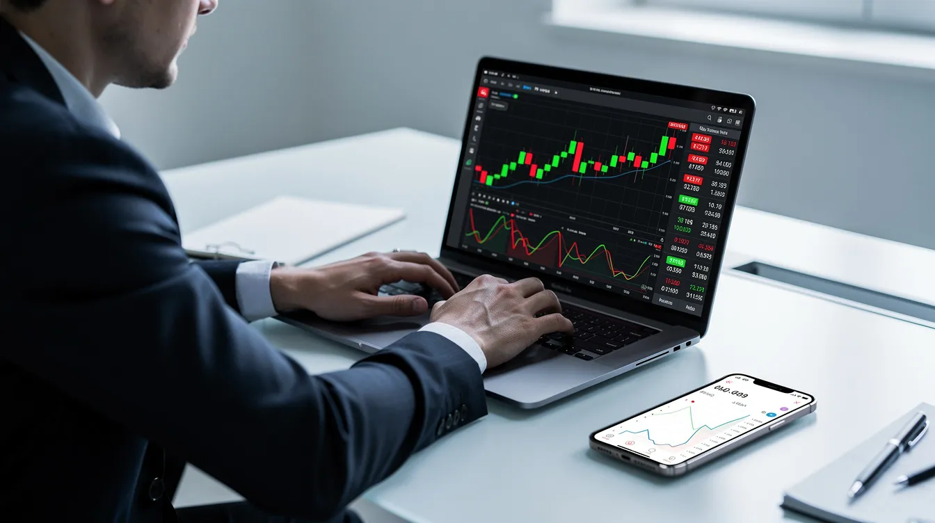 A person is sitting at a desk, intently using a laptop that displays various financial charts, while a smartphone rests beside them. This scene suggests a focus on managing financial situations, possibly related to loan products and their associated interest rates.