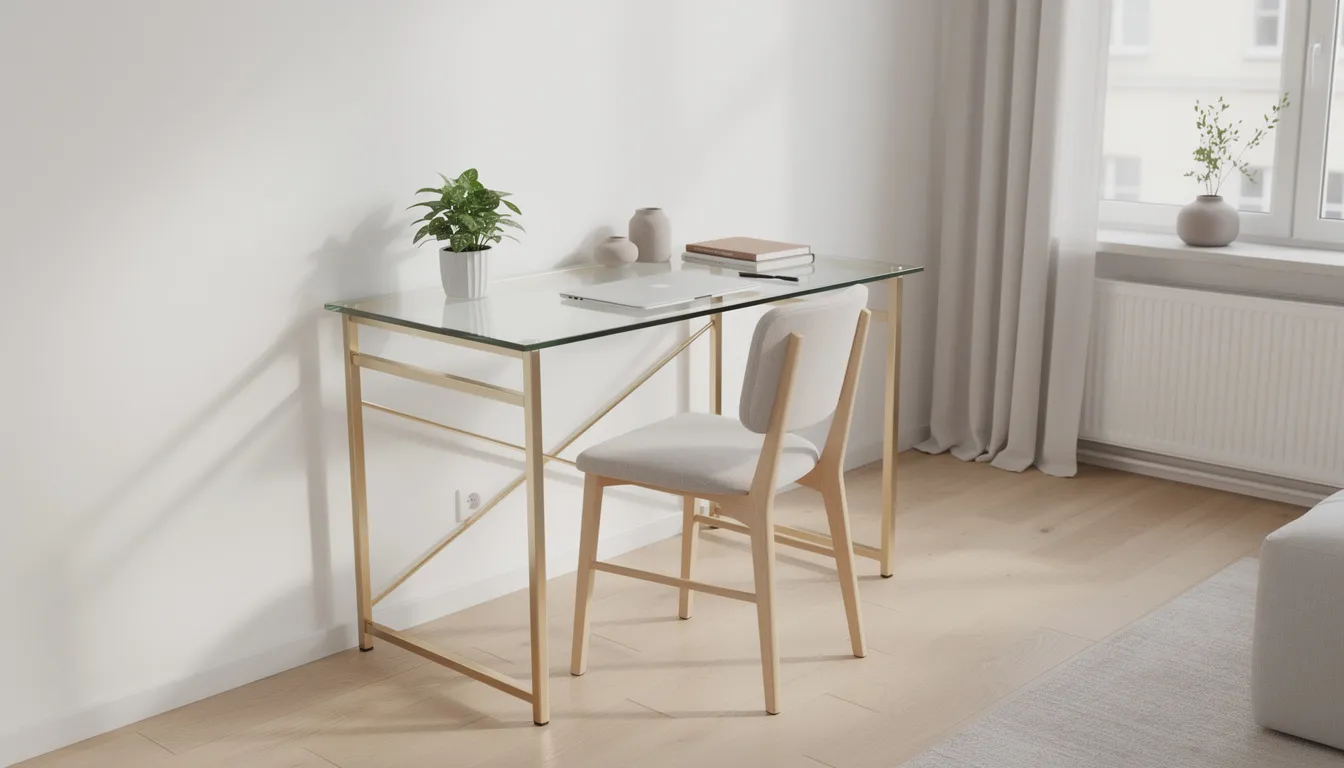 En kompakt glasskrivbord med eleganta gulddetaljer står i en ljus, skandinavisk lägenhet. Skrivbordet erbjuder en modern arbetsyta i trä och glas, vilket ger en stilren och funktionell plats för arbete och förvaring.