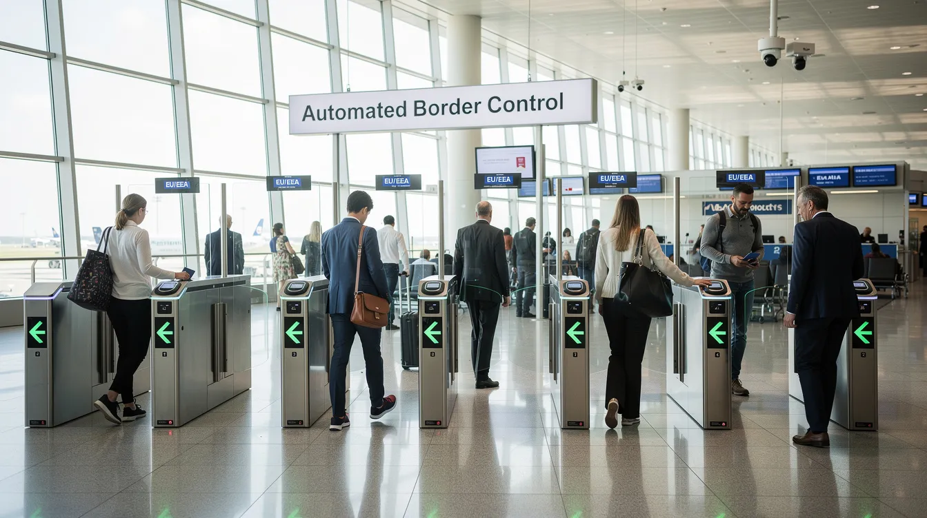 A group of travellers, including EU citizens and non-EU travellers, walk through automated border control gates at a modern airport, utilizing a new electronic system for efficient processing. This setup enhances border protection and streamlines entry for visitors, ensuring they stay informed about travel authorisation requirements.