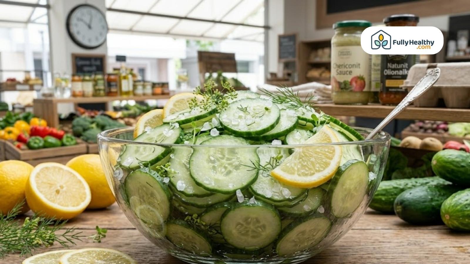 Bowl of cucumber salad with lemon slices and dill