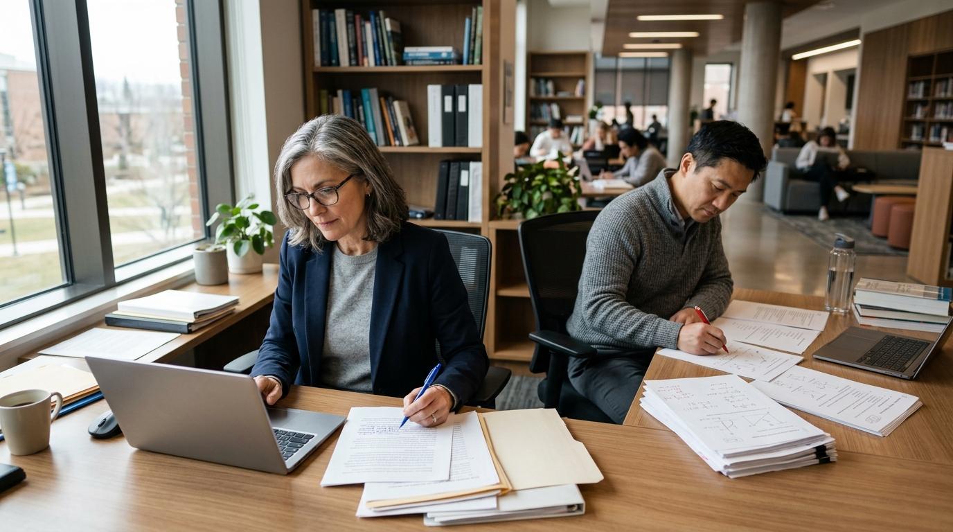 Photorealistic university professor reviewing student essays and research papers on a laptop while another instructor evaluates engineering exam papers at a nearby desk, modern academic environment.