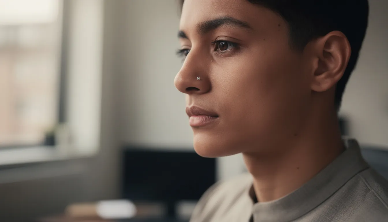 The image features a delicate flower nose stud, showcasing its elegant design suitable for everyday wear. This small piece of jewelry, crafted for nose piercings, combines comfort and style, making it a perfect choice for both casual and professional settings.